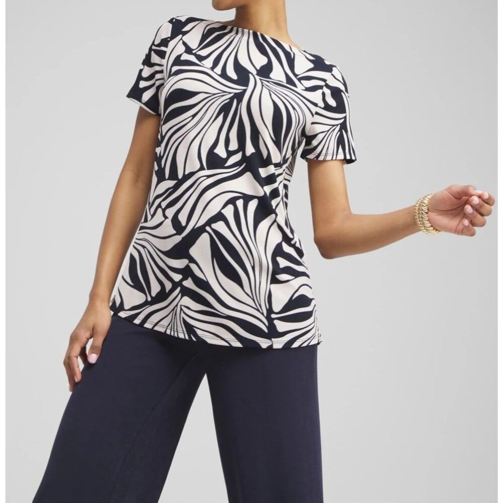 Chico's Travelers Black Tan Floral Print Short Sleeve Top Size 3 = XL‎ Stretch